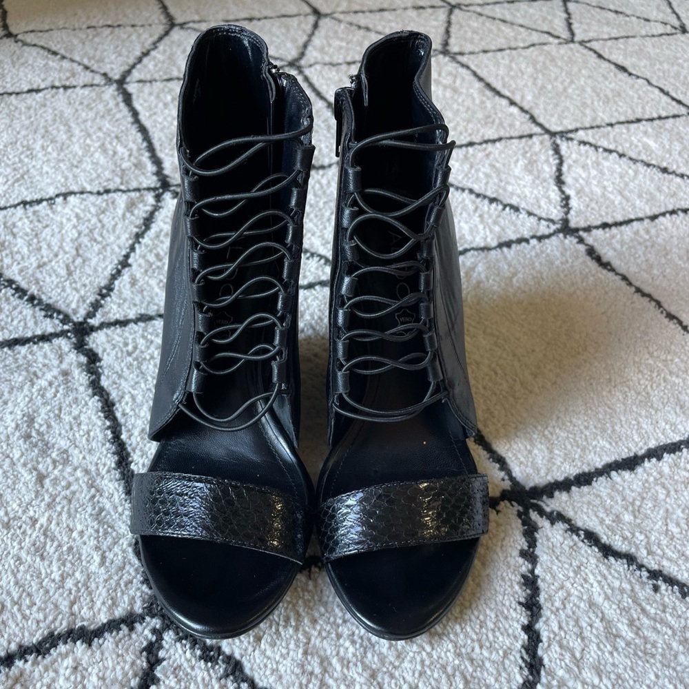 ALDO BLACK *REAL LEATHER* ANKLE ZIPPERED BOOTIE WEDGES WITH ELASTIC FRONT DETAIL